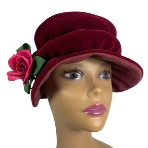 Burgundy Red Velvet Floppy Scrunchy Bucket Cloche Hat + Pink Rose Union Made USA